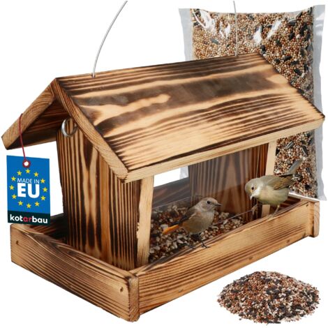 KOTARBAU® Mangeoire Oiseaux Exterieur - Bois - 28x18x20 cm - Naturel - avec Parois en Acrylique - et 0,5 kg de Nourriture - Mangeoire Oiseaux a Suspendre - Décoration Jardin Terrasse Balcon