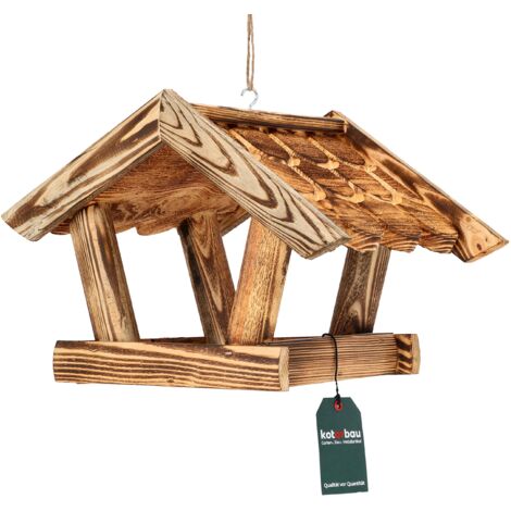 KOTARBAU® Mangeoire Oiseaux Extérieur - Bois Brûlé Clair - 39x27x26 cm - Marron - Mangeoire À Suspendre - Pour Jardin Terrasse - Sécurisée - Naturelle