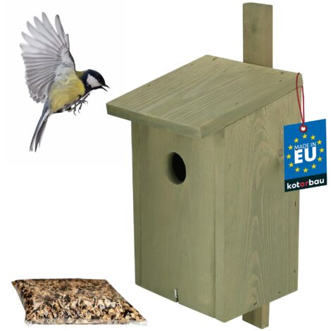 KOTARBAU® Nichoir Oiseaux Exterieur - Bois - 29x17 cm - Vert - Cabane Oiseaux Exterieur - Cabane À Oiseau - avec Nourriture 0,5 kg - Nichoirs À Mésanges - Nichoir a Mesange