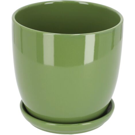 KOTARBAU Pot de fleurs en céramique avec bac d'égouttement Vert 15 cm