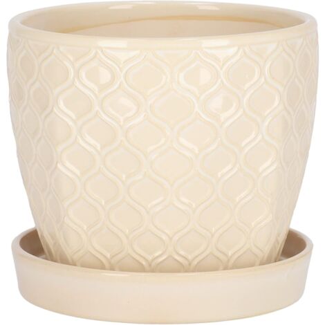 KOTARBAU Pot de fleurs en céramique pour plantes - 15 cm - Crème - Vintage - Avec bac d'égouttement - Motif écailles de poisson