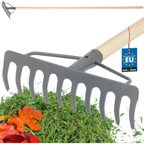 KOTARBAU® Rateau à Feuille - Métal - 26 cm - Râteau Jardin - 10 Dents - avec Manche en Bois - Outil Robuste Pour Entretien Gazon Jardinage - Gris & Naturel