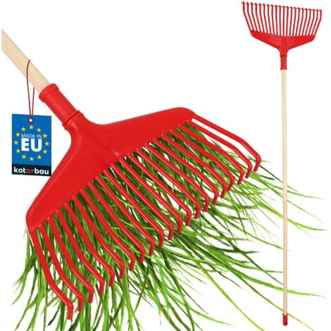 KOTARBAU® Rateau À Feuilles - Plastique - 38 cm -  avec Manche en Bois - Extra-Click - Rateau Jardin - Ramasse Feuilles - Léger - Rouge & Bois - Ergonomique