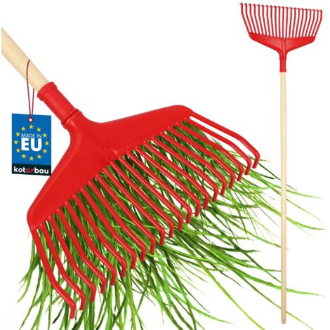KOTARBAU® Rateau À Feuilles - Plastique - 38 cm -  avec Manche en Bois - Extra-Click - Rateau Jardin - Ramasse Feuilles - Léger - Rouge & Bois Verni - Ergonomique