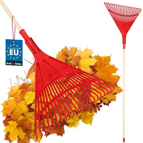 KOTARBAU® Rateau À Feuilles - Plastique - 50 cm - avec Manche en Bois - Extra-Click - Rateau Jardin - Ramasse Feuilles - Léger - Rouge & Bois - Ergonomique