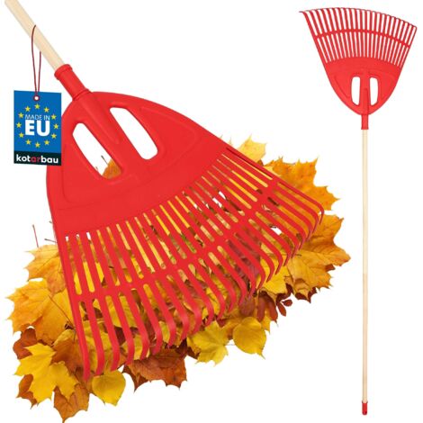 KOTARBAU® Rateau À Feuilles - Plastique - 50 cm - avec Manche en Bois - Extra-Click - Rateau Jardin - Ramasse Feuilles - Léger - Rouge & Bois - Ergonomique