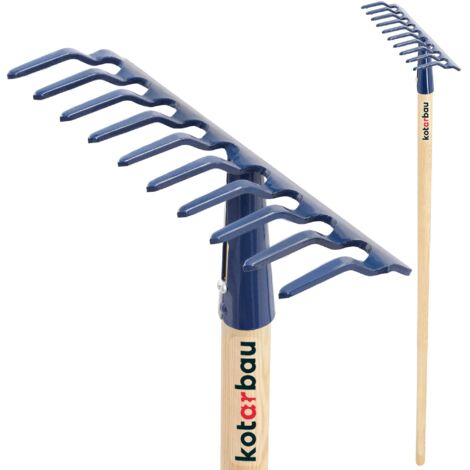 KOTARBAU® Rateau à Feuilles - Rateau Jardin - Acier - 26 cm - Marineblau - avec Manche Bois 135 cm - 10 Dents - Balai a Gazon - Outil Jardinage pour Entretien Pelouse -  Ramasse Feuille