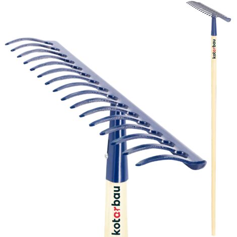 KOTARBAU® Rateau à Feuilles - Rateau Jardin - Acier - 42 cm - Bleu Marine - avec Manche Bois 156 cm - 16 Dents - Balai a Gazon - Outil Jardinage pour Entretien Pelouse -  Ramasse Feuille