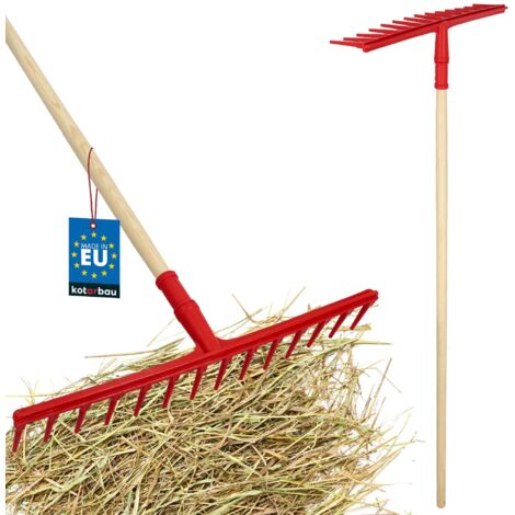 KOTARBAU® Rateau Jardin - Rateau À Feuille - Plastique - 54 cm - 14 Dents - avec Manche en Bois 150 cm - Extra-Click - Léger - Balai a Gazon - Ergonomique - Rouge & Bois Verni