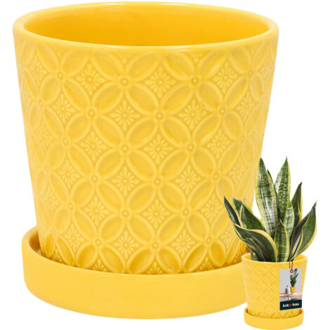 KOTARBAU® Runder Blumentopf Senfgelb 13 cm mit Untersetzer Glasierte Keramik Blumentopf für Blumen und Kräuter Pflanzendeckel