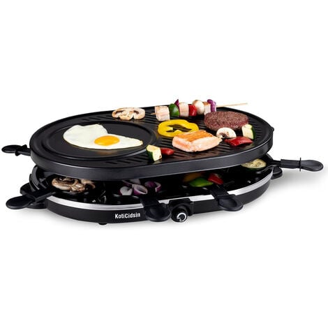 KotiCidsin Appareil à raclette Multifonction, 1200 W Gril raclette, Jusqu'à 8 personnes, Revêtement Antiadhésif, Plaque amovible Facile à Nettoyer, Noir