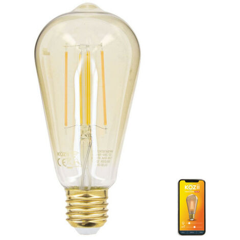 Ampoule LED connectée KOZii, éclairage multi-blancs, Filament E27 ST64 au verre ambré, 4,9W cons. Variation de luminosité