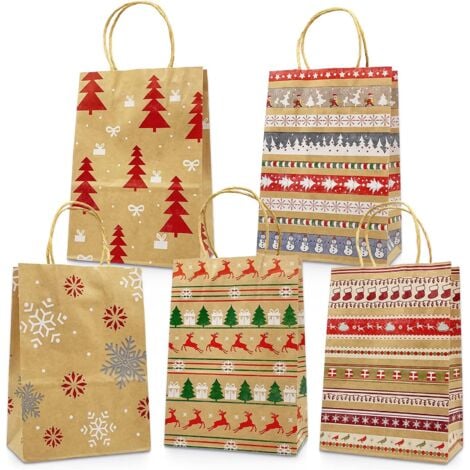 Kraft Christmas Gift Bags 20 Assorted Style Bags Christmas Paper Bags with Handles Christmas Gift Bags with Christmas Prints for Gift Wrapping Christmas Party Supplies