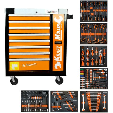 Kraft Muller KM-9/7-583 Servante d'atelier 290 outils inclus - 8 tiroirs & 1 vertical - Type chariot avec roulette - Orange