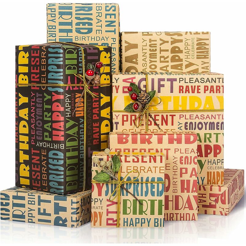 Kraft Paper Wrapping Paper, Birthday Wrapping Paper, Retro Paper Wrapping Paper, Birthday Wrapping Paper for Kids and Men for All Birthday Occasions