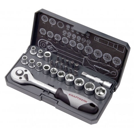 Kraftwerk – Coffret de douilles 1/4' – 26 pièces de 4 à 13 mm – Cliquet réversible 45 dents – Rangement compact et robuste