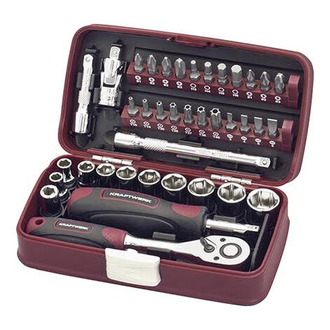 Kraftwerk – Coffret de douilles 1/4' 38 pièces – Cliquet 1/4' – Douilles de 5.5 à 14 mm – Rallonges 50 et 100 mm – Cardan 1/4'