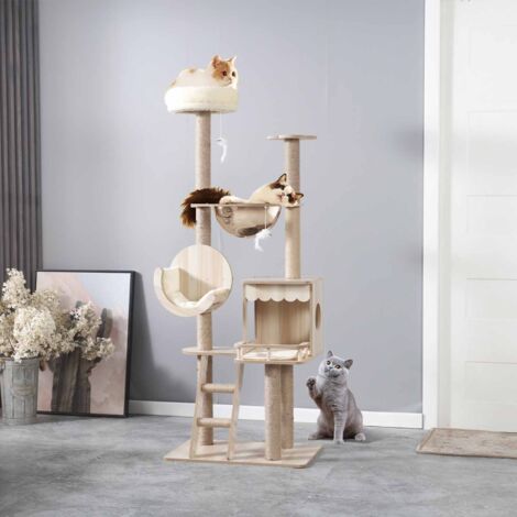Kratzbaum, 155 cm, stabiler mehrstufiger Kletterturm, Aktivitätsbäume mit 4 Sisalstämmen, 4 Nestern für Katzen und Kätzchen, 60 x 40 x 155 cm (L x B x H)