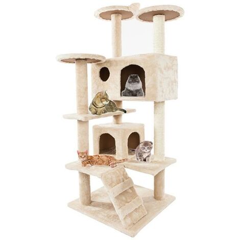 Kratzbaum beige — Katzenbaum mit Höhlen, Liegeflächen, Leitern & Sisal-Stämmen — Stabiler Kletterbaum für Katzen-Kratzbäume für Katzen