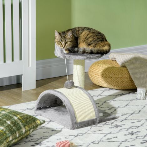 Kratzbaum für Katzen, 46 cm, kompakt mit Höhle, hängenden Bällen, Sisalseil und erhöhter Plattform, grau, für Katzen bis 4 kg geeignet.