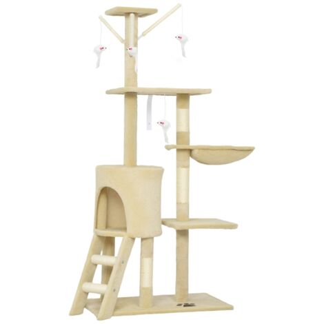 Kratzbaum Katzenbaum avec une grotte intérieure, 4 jouets, des poteaux en sisal, une grande plateforme, un escalier. Conçu pour des chats de moins de 5 kg. Couleur beige.