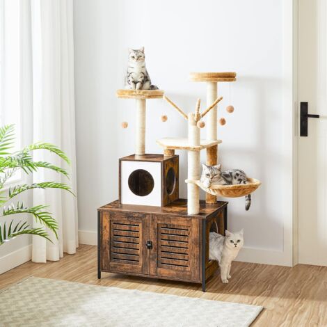 kratzbaum mit katzenklo Schrank, katzenbaumTurm, All-in-One-Katzenmöbel für drinnen, versteckte Katzentoilettenmöbel, 132 cm, Abnehmbare Plüschball-Stangen, HOOBRO EBF14MZ03