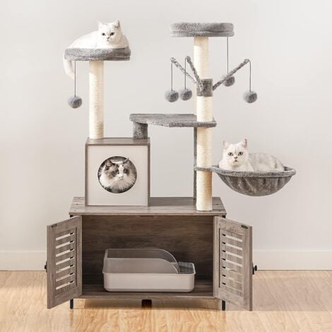 kratzbaum mit katzenklo Schrank, katzenbaumTurm, All-in-One-Katzenmöbel für drinnen, versteckte Katzentoilettenmöbel, 132 cm, Abnehmbare Plüschball-Stangen, HOOBRO EBG14MZ03