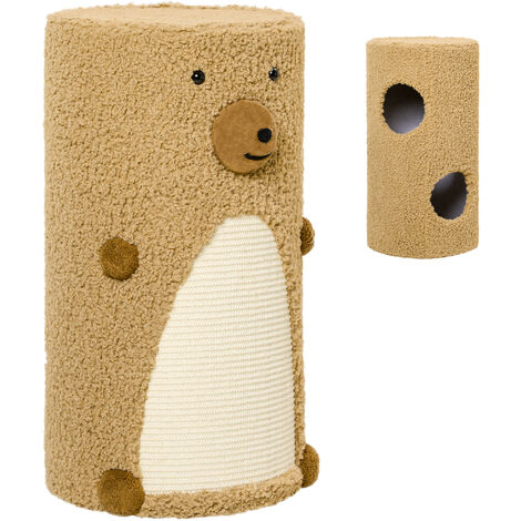 Kratztonne im Bärendesign, 2 Katzenhöhlen, 1 Kratzfläche, Weiß + Braun - Braun