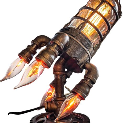 Kreative LED-Lampe in Raketenform im Retro-Steampunk-Stil, Flammensimulation, Tisch- oder Schreibtischleuchte, Nachtlicht, Dekoration für Zuhause oder Büro