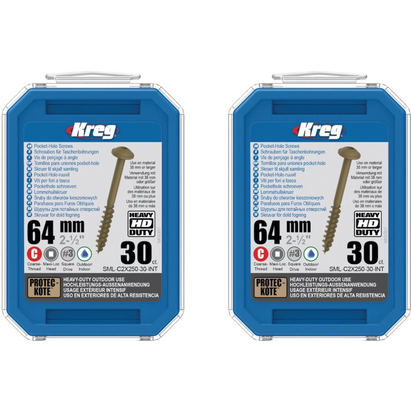 2x hd Protec-Kote Maxi-Loc Vis pour trous de poche 64 mm ( 2x SML-C2X250-30-INT ) Filetage grossier 60 pces - Kreg