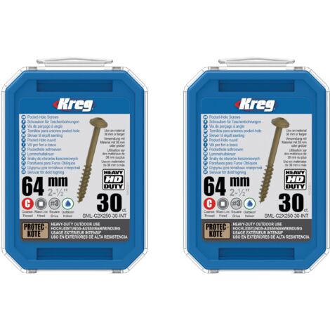 Kreg 2x HD Protec-Kote Maxi-Loc Vis pour trous de poche 64 mm ( 2x SML-C2X250-30-INT ) Filetage grossier 60 pces