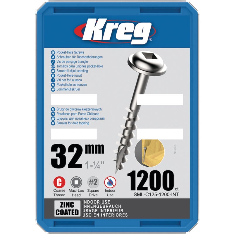 Vis à trous de poche 32 mm Revêtu de Zinc Maxi-Loc, Filetage épai, 1200 Kreg SML-C125-1200-INT