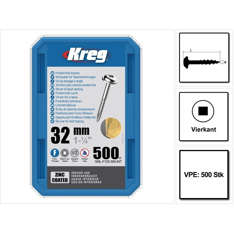 Pocket-Hole Linsenkopfschraube 32 mm 500 Stk ( SML-F125-500 ) Vierkantantrieb Teilgewinde Feingewinde selbstschneidend verzinkt - Kreg