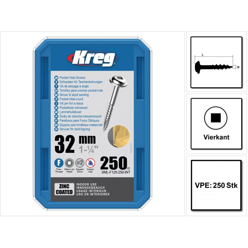 

Kreg - Pocket-Hole Tornillo de cabeza ovalada 32 mm / 250 unidades ( SML-F125-250 ) de accionamiento cuadrado / punta fina / Autoroscante