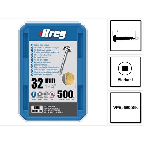 KREG Pocket-Hole Vis avec Filetage fin 32 mm - 500 pièces ( SML-F125-500 ), Taraudage partiel, Taraudage filetage fin, Autotaraudeur galvanisé