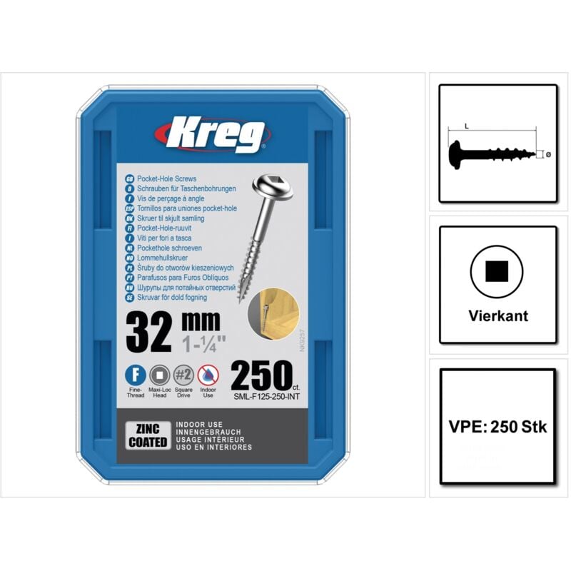 Pocket-Hole Vis en acier zingué avec tête rondelle 32mm - 250 pièces avec filetage fin ( SML-F125-250 ) - Kreg