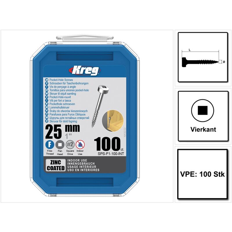 Kreg Pocket-hole Zylinderkopfschraube 25 Mm 100 Stk. ( Sps-f1-100 ) Vierkant Antrieb Teilgewinde Feingewinde Selbstschneidend Verzinkt
