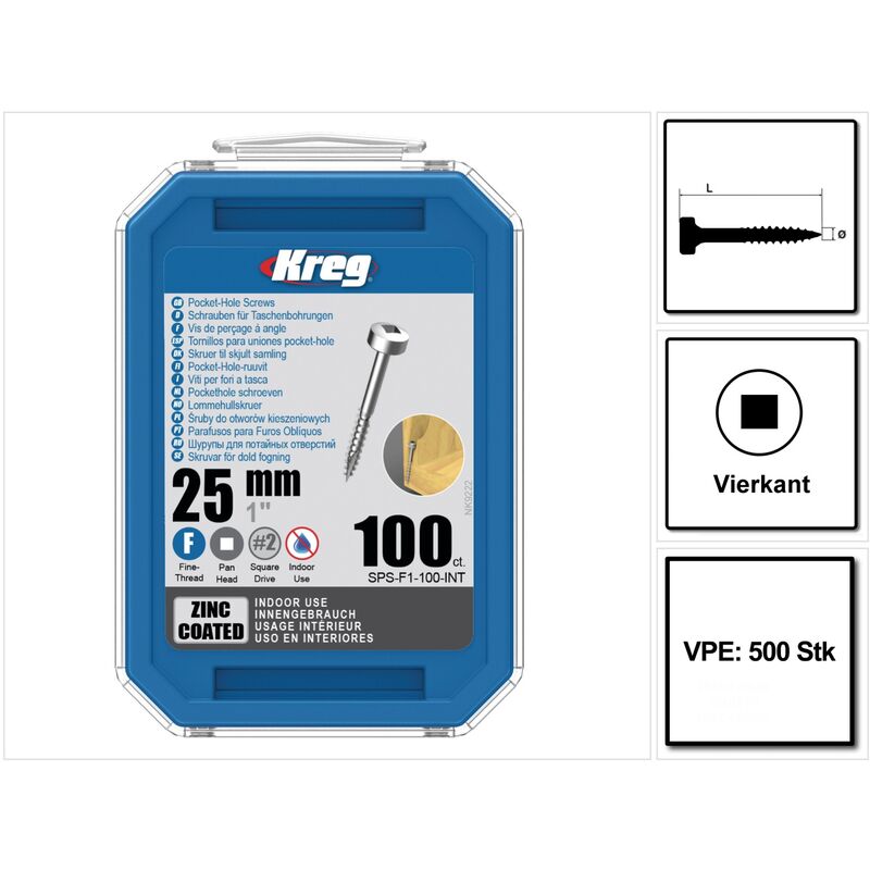Kreg - Pocket-hole Zylinderkopfschraube 25mm 500stk. ( Sps-f1-500 ) Vierkant Antrieb Teilgewinde Feingewinde Selbstschneidend Verzinkt