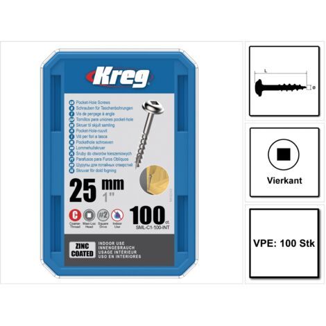 KREG Vis à tête cylindrique Pocket-Hole 25 mm 100 pces ( SML-C1-100 ) Entraînement carré Filetage partiel Filetage grossier autotaraudeur galvanisé