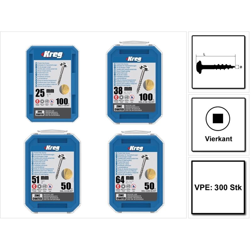 KREG Pocket-Hole Vis à tête bombée SML-C Starter Set 300 pces pour l'intérieur Mécanisme à quatre pans Filetage partiel Filetage grossier