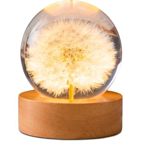 Kristall-Löwenzahn-Nachtlicht: 6 cm große Glaskugel mit LED-Holzsockel, Blumen-Glaskugel-Nachtlampe, USB-Dekoration, Holzsockel mit Schalter, Kristallkugellampe
