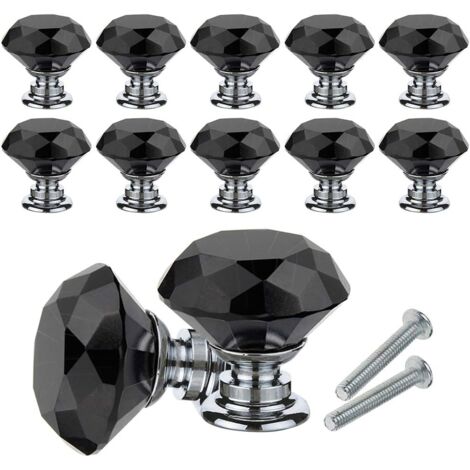 Kristall-Schrankknauf, 10 Stück, Diamant-Kristallknauf, Griffe, 30 mm, Schrank, Schublade, Schrank, Türknauf mit Schrauben für Zuhause, Büro, Kommode, Küche und mehr (schwarz)