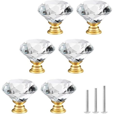 Kristallglas Schrankknöpfe Kommode Möbelknöpfe Kristall Möbelgriffe 30mm Diamant-Stil mit Goldbasis Ziehgriffe für Kommode, Schränke, Küche, Garderobe, Badezimmer usw. (6stk, Transparent)