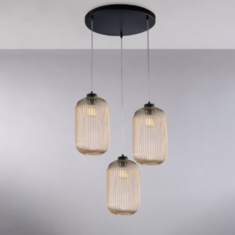 Krizia Lampe à suspension en fer laqué noir avec câbles électriques réglables et diffuseurs en verre soufflé ambré