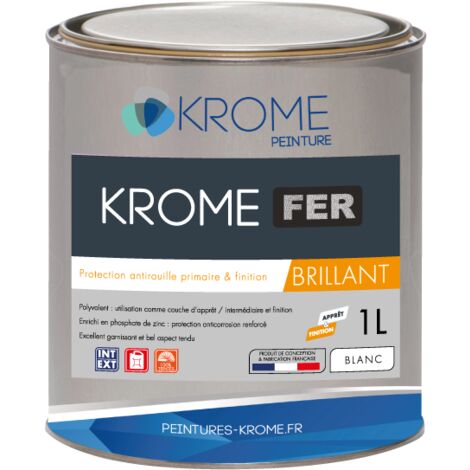 Krome Fer Peinture-laque glycéro antirouille Intérieur et Extérieur  Conditionnement: 1L - Couleur: BLANC