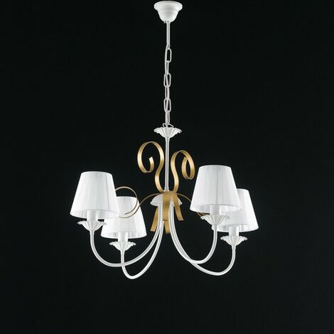 Kronleuchter aus weißem Eisen shabby gold weiße Lampenschirme vier Lichter 71x h47 cm