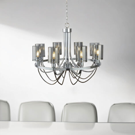 Kronleuchter Metall Rauchglas 70 cm breit H: max. 124 cm Chrom Rauchgrau E14 Modern