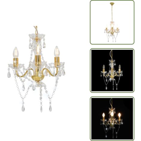 Kronleuchter mit Perlen Goldfarben Rund 3×E14 - Kronleuchter - Pendelleuchte - Wohnzimmer Deko - LED Lampe - Goldener Kronleuchter
