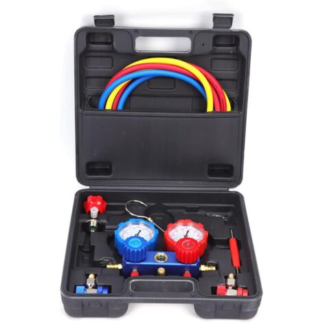 Krümmer Manometer Set 2-Wege Klimaanlage Monteurhilfe R134a Klimaanlage Kältemittel Manifold Messgerät Klimaanlagen A/C Vakuumpumpe Manometersatz mit einem Hochleistungshaken