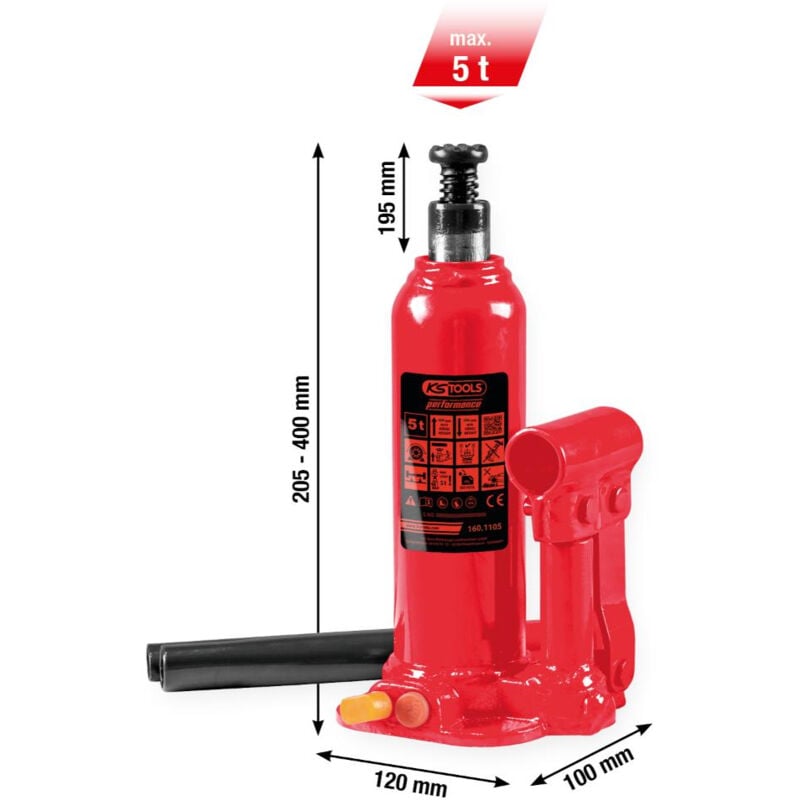 160.1105 performance cric hydraulique à bouteille, 5000 kg, hauteur de levage : 207-402 mm - Ks Tools